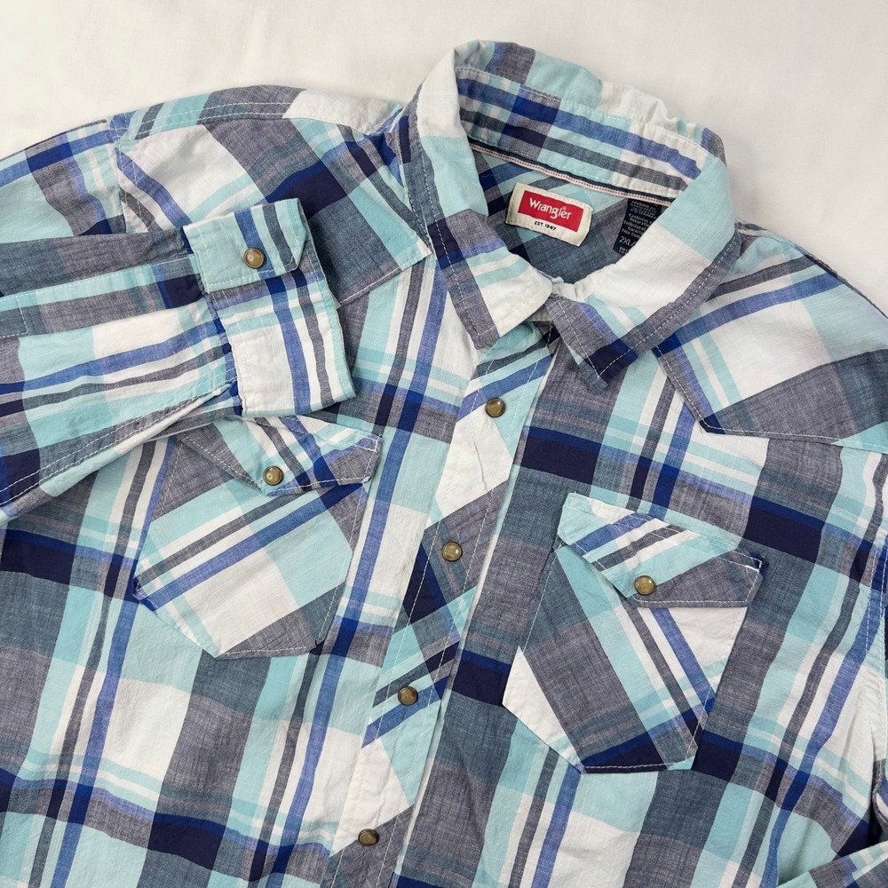 Wrangler Shirt‎ Men's 2XL XXL Pearl Snap Button Down Blue Plaid Long Sleeve